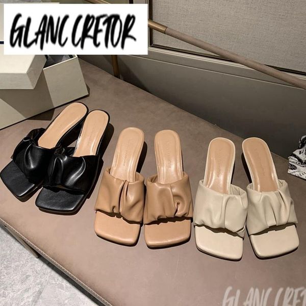 

slippers women slip on sandal outdoor slides summer mule elegant pleated shoes mujer fashion brand square head peep toe low heel, Black