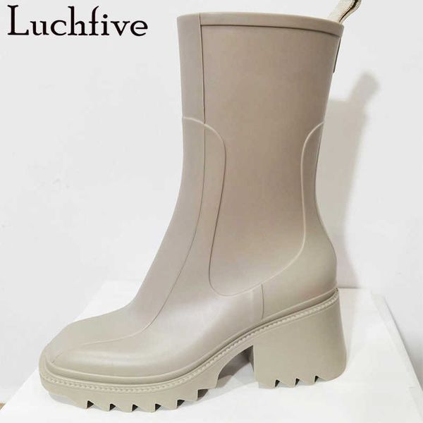 

spring new brand pvc rainboots women shoes round toe platform high heel shoes women casual square heel designer shoes for women y0905, Black