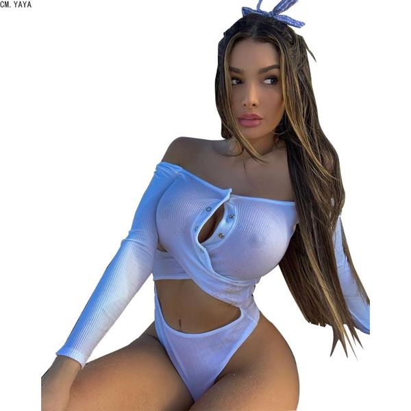 

women's jumpsuits & rompers cm.yaya 2021 spring summer slash neck long sleeve hollow out skinny bodysuit see through solid color one pi, Black;white