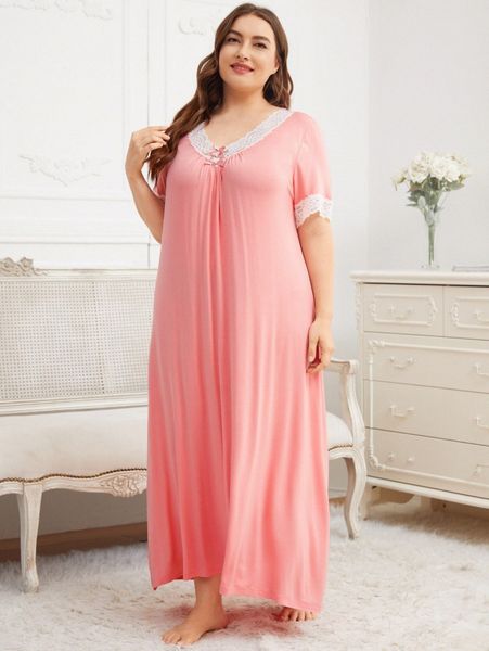 

plus lace trim bow front sleepdress q57i#, Black;white