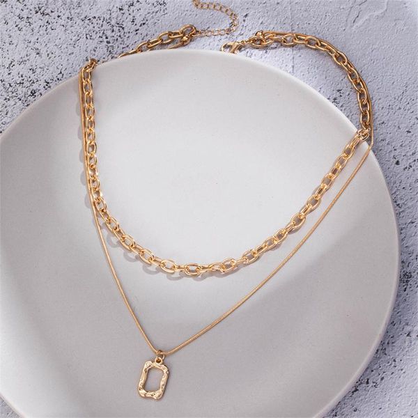 

chains trendy fashion creative geometric design square brand shape double layered necklace hip hop punk couple party accessories gift, Silver
