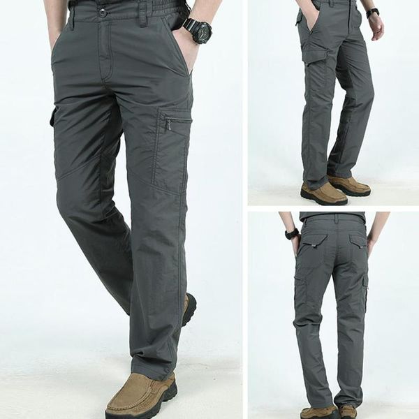 

men casual solid color pocket thick breathable trousers quick dry cargo pants men's, Black