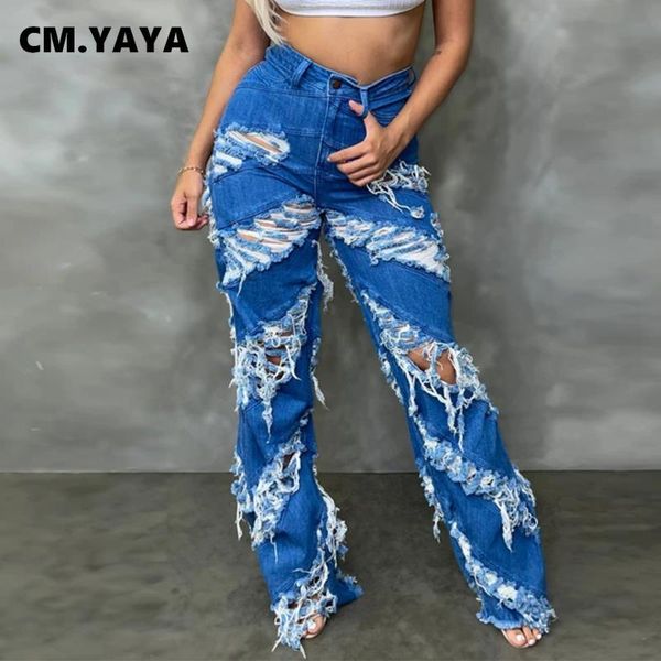 

women's jeans cm.yaya streetwear autumn winter women cut out hole tassel zipper classic basic fashion denim pants, Blue