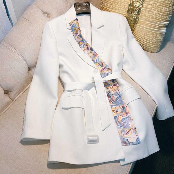 

women's suits & blazers autumn elegant blazer coat fashion irregular splicing silk scarf office ladies slim long sleeve belt blouse, White;black
