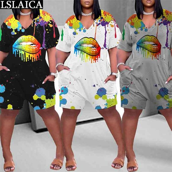 

bodysuit loose overalls and splash ink lips print pockets clothes women casual home style v neck outfit jumpsuit 210515, Black;white
