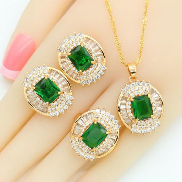 Orecchini Collana Set di gioielli color oro semiprezioso verde per donna Anello con pendente a forma di 5 colori con pietre regalo