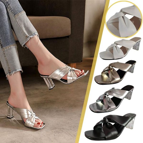 

slippers crystal heel women transparent cross belt thick square toe one-step sandals and women's shoes, Black