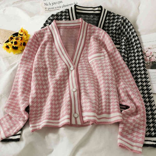 

women's sweaters retro houndstooth low-neck loose fine female mesh sweater, versatile long sleeve autumn breasted cardigan. zw90, White;black