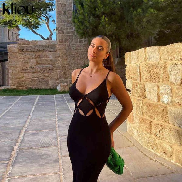 

kliou solid maxi dress women irregular shape hollow out sheath camisole skirt hipster sleeveless v-neck female partywear y1204, Black;gray