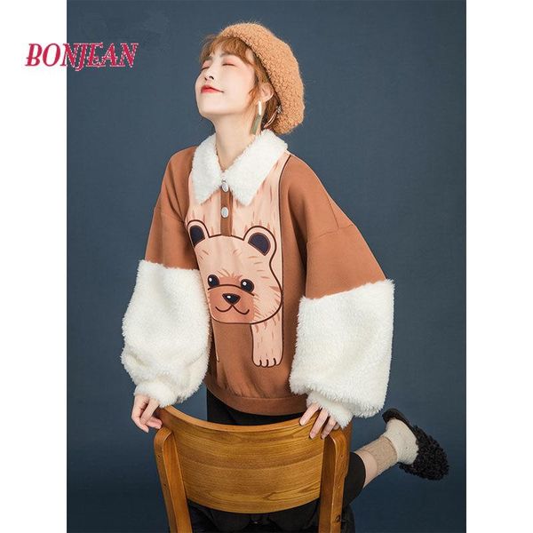 

women's hoodies & sweatshirts harajuku crewneck sweatshirt kawaii clothing aesthetic women loose korean 2021 cartoon bear print lamb wo, Black