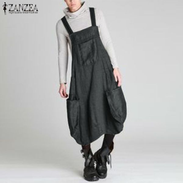 

2021 zanzea casual dungarees midi vestidos womens sundress fashion summer autumn overalls dress female front pockets robe femme, Black;gray