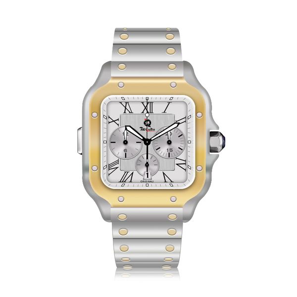 

men's automatic mechanical watch requin s2sa santo square gold stainless steel case silver white strap six hands calendar multifunction, Slivery;brown