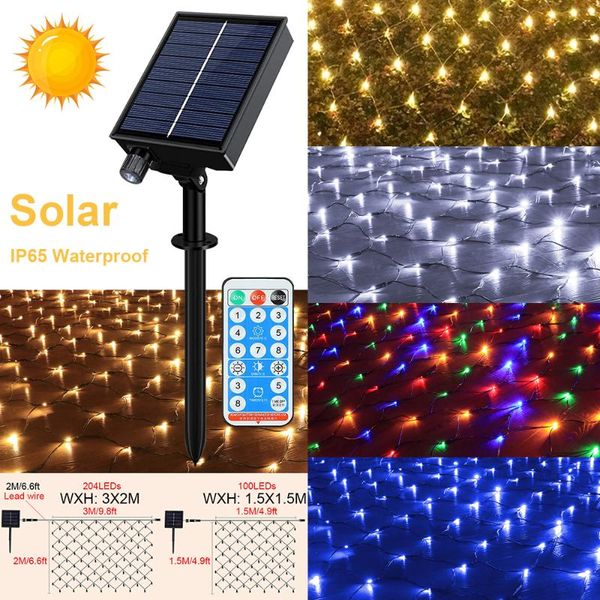 

strings remote control solar led net light power 3x2m lights waterproof dimmable 8 modes christmas decor string d30