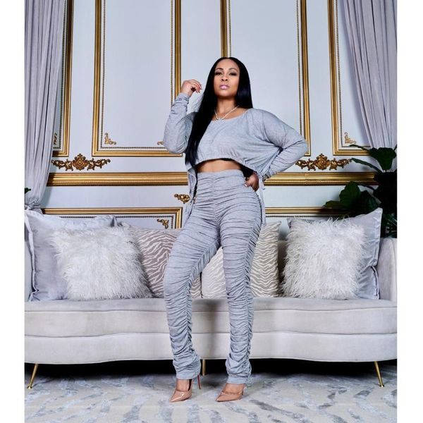 

women's tracksuits lady casual ruched two 2 piece set women outfits solid pleated long sleeve crop stacked pants leggings matching sets, Gray