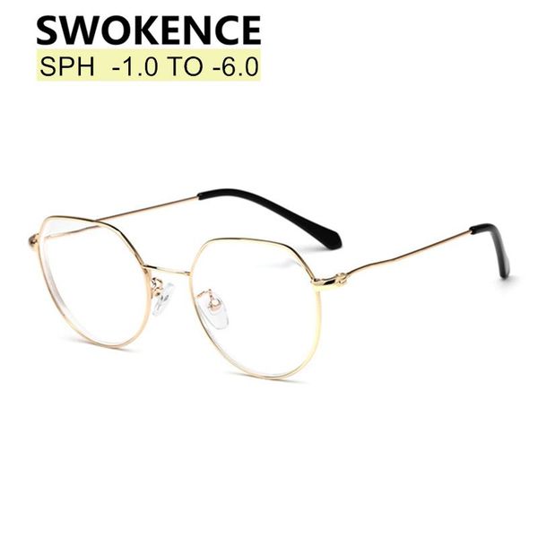 

fashion sunglasses frames swokence diopter -1.0 to -6.0 myopia glasses women men polygonal alloy frame shortsighted prescription spectacles, Black