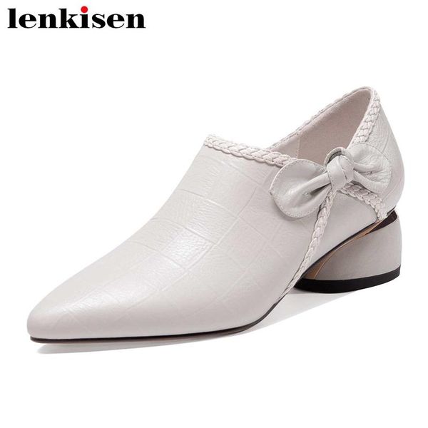 

dress shoes lenkisen large size natural leather pointed toe med heel women butterfly-knot beauty lady korean street sweet pumps l16, Black