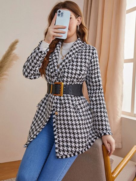 

houndstooth pattern raw hem overcoat without belt l49w#, Black