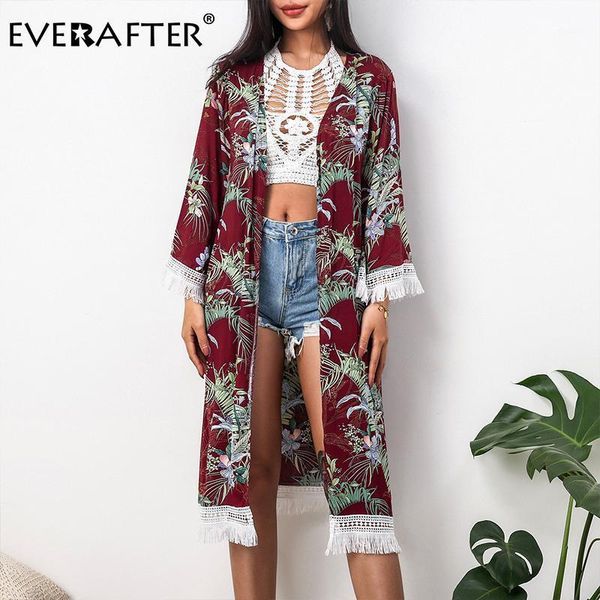 

women's blouses & shirts everafter vintage floral prnit chiffon blouse women tassel kimono cardigan summer loose elegant long shirt fem, White