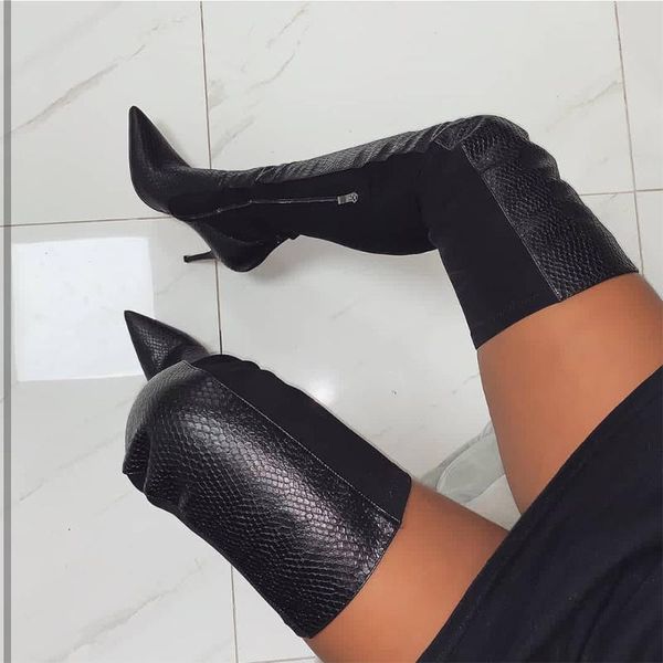 

boots leather pointed large half zipper black imitation high heeled women's