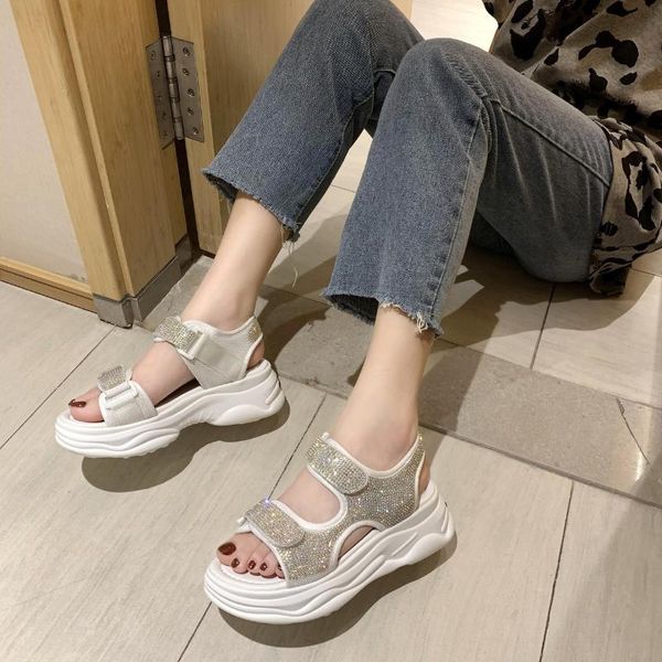 

sandals summer genuine leather flat platform women hook loop peep toe crystal gladiator female, Black