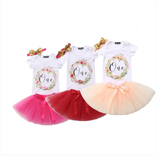 

toddler infant baby girl flower one birthday romper tulle tutu ruffle skirt 3pcs outfit clothes summer set, White