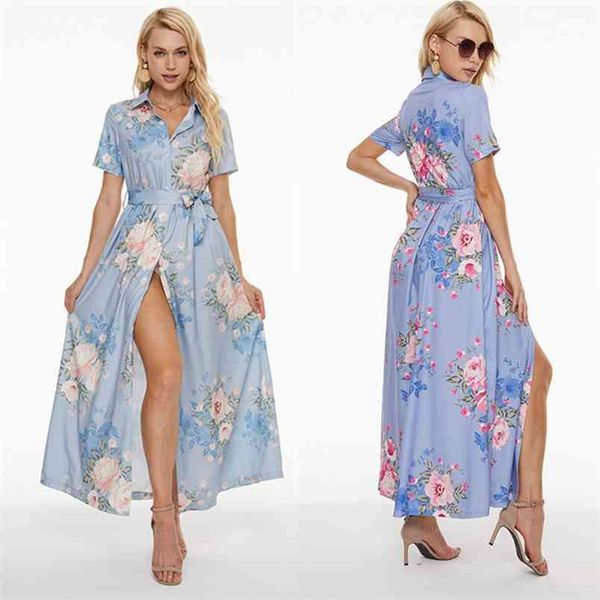 

fashion short sleeve floral shirt dress women casual print maxi vestidos female lapel robe oversized sashes split boho sundress 210522, Black;gray