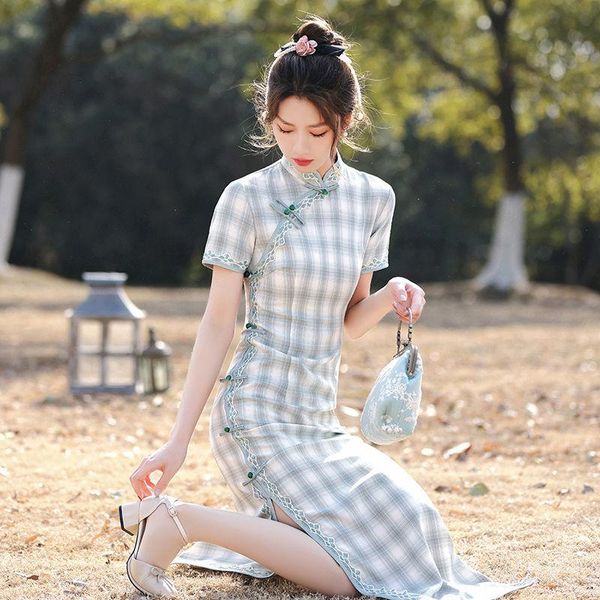 

ethnic clothing traditional women cheongsam slim split qipao vestidos plaid elegant ladies evening party dress chinese stage show gown, Red