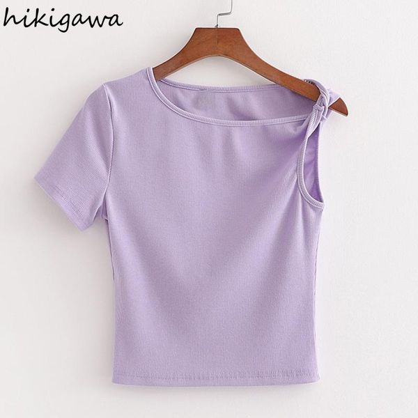 

women's t-shirt hikigawa t-shirts o neck single oblique shoulder irregular short sleeve tshirt solid casual pullover woman tshirts, White