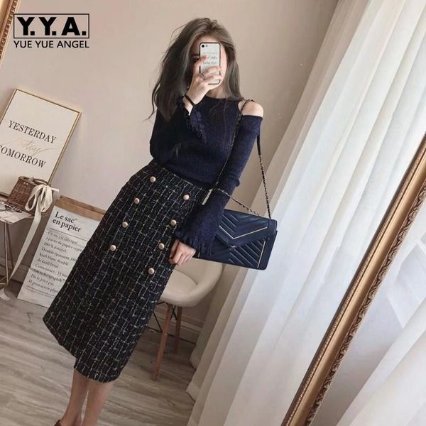 

two piece dress vintage off the shouler flares sleeves knitted high waist doubule breasted medium length skirts womens 2pcs outfits, White