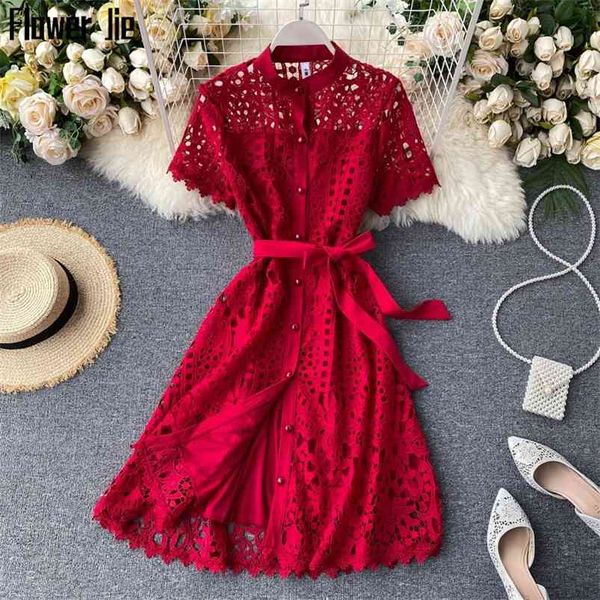 

summer lace dress women vintage hollow out balck mujer casual short sleeve beach red dresses party vestidos 210730, Black;gray