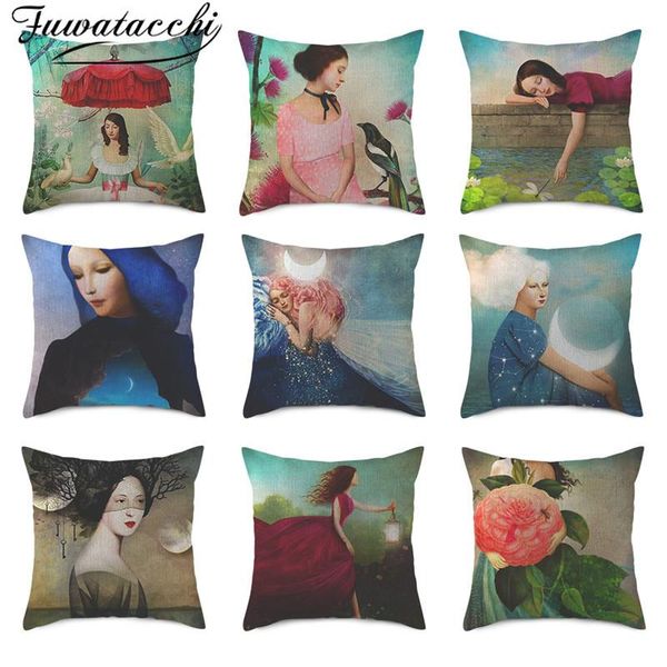 

fuwatacchi retro cushion cover vintage oil painting pillow beautiful girl pillowcase for home sofa decorative 45cm cushion/decorative