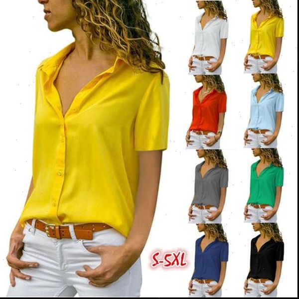 

elegant women shirt lapel office lady work wear solid short sleeve chiffon blouses summer white yellow blouse plus size