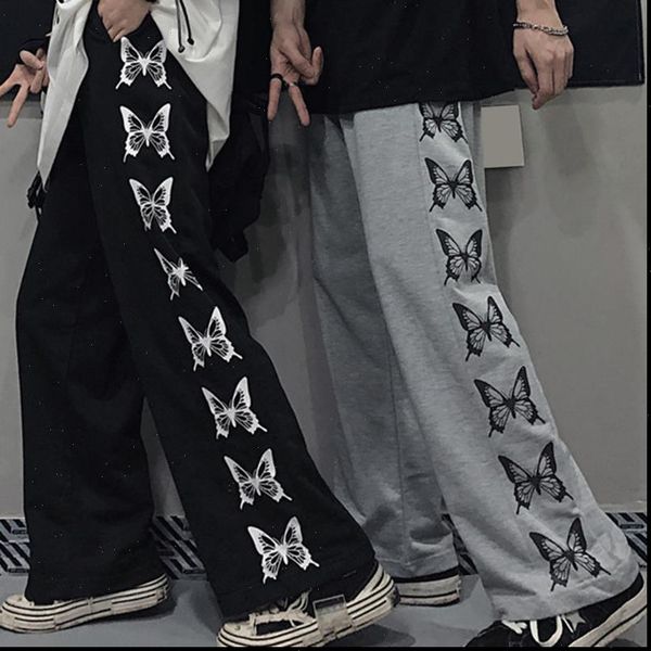 

harajuku wide leg butterfly women pants print middle waist soft loose autumn streetwear female trousers, Black;white
