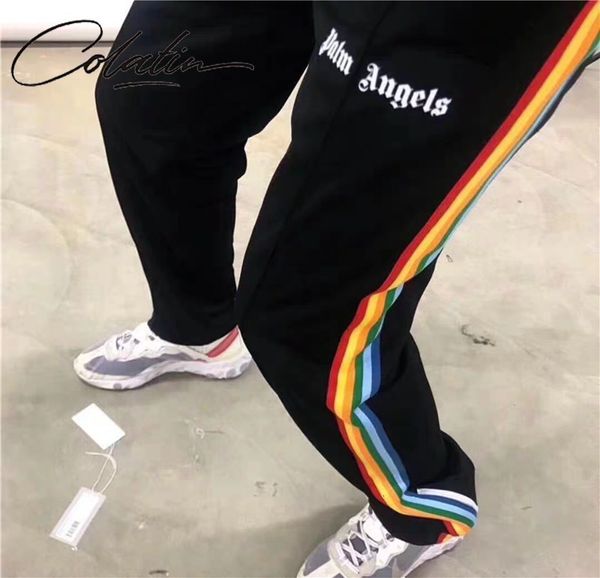 

side palm s 20fw rainbow stripe letter casual pants for men and women, Black