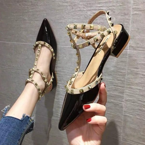 

sandals baotou-buckle chunky heel women pointed rivet high heels fashion orange 2021 all-match high-heeled women's, Black