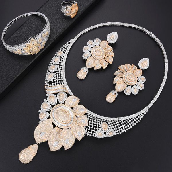 

earrings & necklace siscathy 2021 luxury cubic zirconia big statement flower necklace/earrings/ring/bracelet for women bridal wedding jewelr, Silver