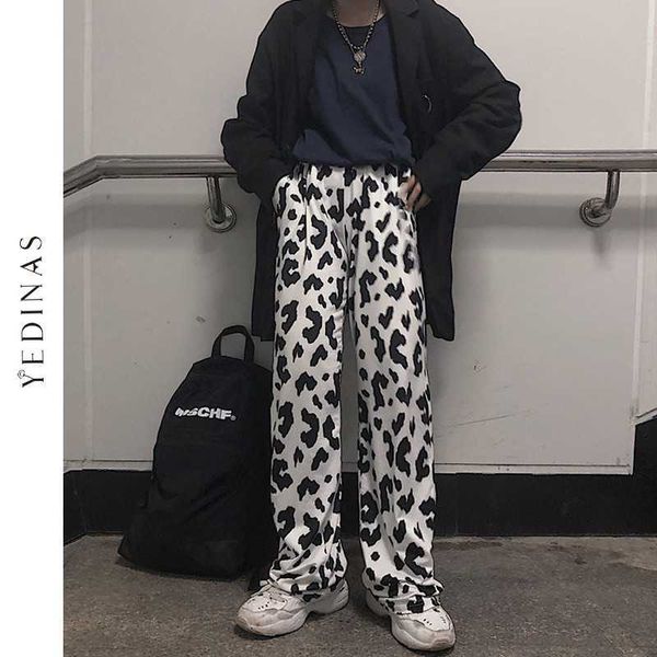 

yedinas milk cow print pants women korean style wide leg harajuku chic elastic high waist loose trousers plus size 3xl 4xl 210527, Black;white