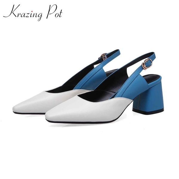 

dress shoes krazing pot genuine leather small square toe high heels buckle straps mixed color shallow beauty lady fashion pumps l31, Black