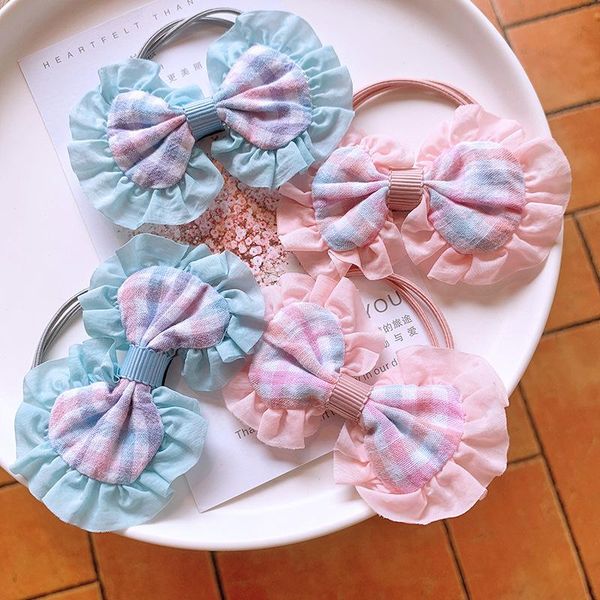

hair accessories 1pair sweet bow fabrics plaid girl kid elastic bands tie rope ring headwear, Slivery;white