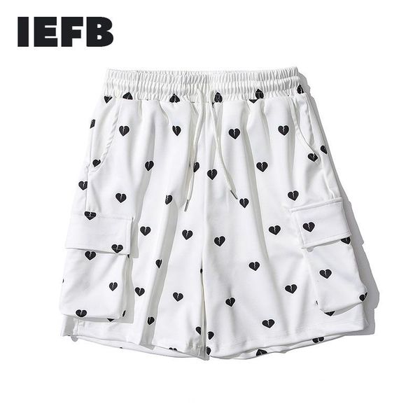 

men's shorts iefb love printting multi pocket workwear white fashion elastic waist summer trend wide leg for male 9y8061, White;black