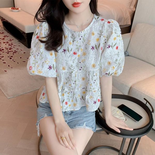 

women's blouses & shirts summer puff sleeve hollow out blouse women o-neck casual loose floral shirt female print vintage embroidery l, White
