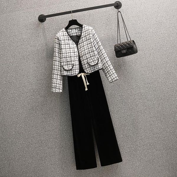 

women's two piece pants plus size women basic casual sets tweed jacket and loose high waist wide leg pant suits female fashion streetwe, White