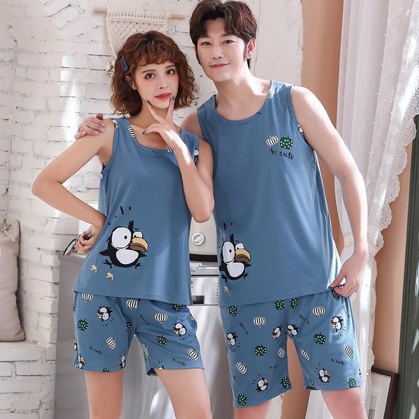 

traditional couple vest sleepware suit women sleepwear summer pajamas cotton plus size 3xl 4xl men pyjamas female male nightwear pijama, Black;red