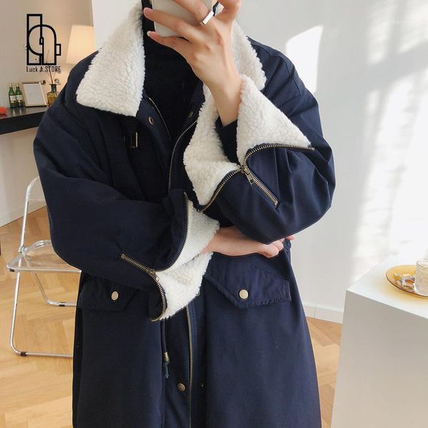 

women's fur & faux women winter lamb wool coat collar long-sleeved long section over the knee loose casual solid color fashion, Black