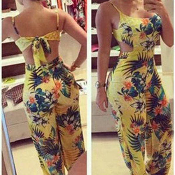 

printed jumpsuit women flower backless full length ladies summer coveralls nightclub wear jumpsuits women's & rompers, Black;white