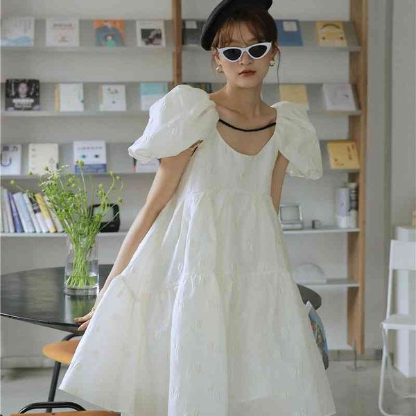 

casual dresses white puff sleeve summer dress women short a line backless jacquard lolita loose korean fashion clothing mojs, Black;gray