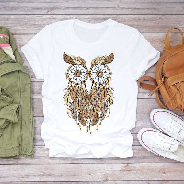 Mulheres Penas Coruja Animal Dos Desenhos Animados Camisas Mujer Roupas Senhora T-Shirts Top Mulheres Camiseta Senhoras Gráfico Feminino T-shirt X0527