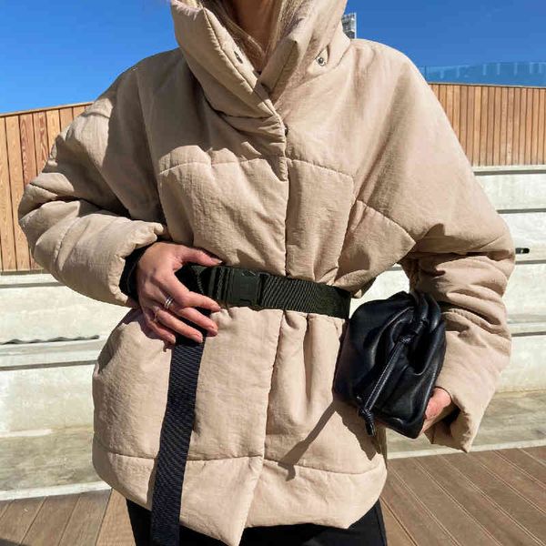 

winter new warm elegant coat jacket women casual sashes new design with pocket overcoat stand collar khaki girls jacket 210413, Black