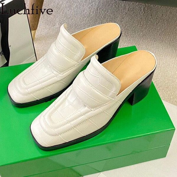 

square toe mule slippers women chunky heels party shoes early spring slides runway white black leather woman