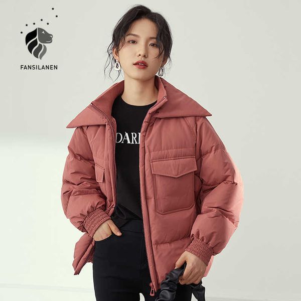 

fansilanen casual streetwear short hooded down jacket women pocket wram thermal parka feather quilted winter puffer coat 210607, Black